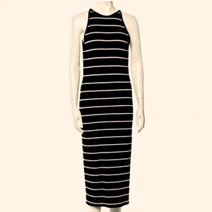 Ted Baker London Black Cream Striped Knit Sleeveless Bodycon Slip On MIDI Dress
